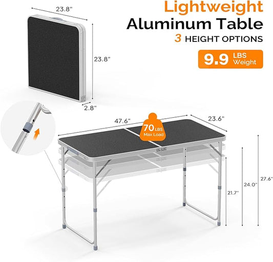 VINGLI 4FT White Folding Table with Carrying Handle Height Adjustable Lightweight Fold Up Portable for Indoor Outdoor Picnic,Camping,Hiking,Fishing,BBQ …