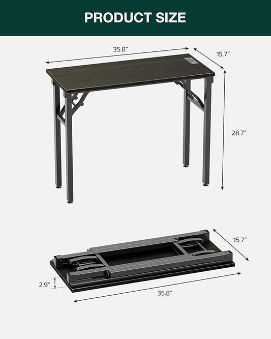 Frylr Small Folding Computer Desk – 35.8 Inch Portable Table for Craft and Study, Lightweight Desk for Small Spaces, Foldable Laptop Table Built-in AC/USB Outlets for Convenience, Dark Oak