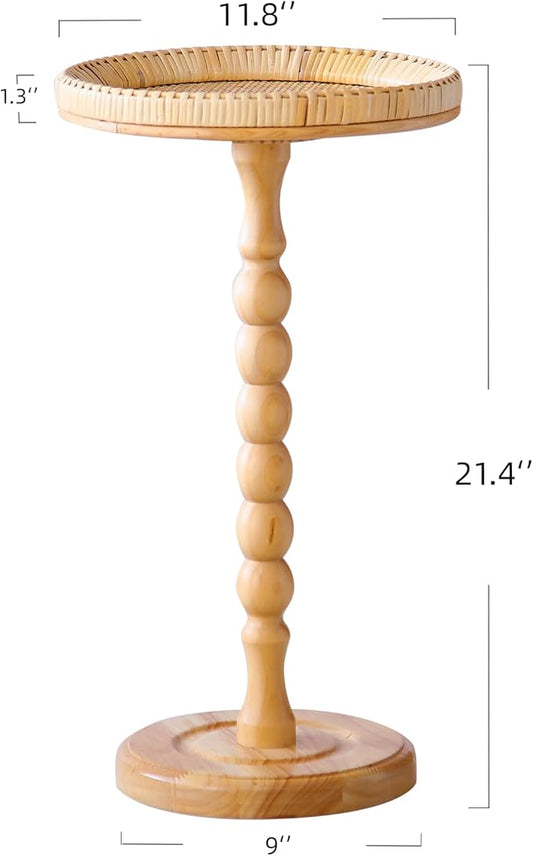 Drink Table,Rattan Round Small Side Table for Small Spaces, Boho Circle End Table Coffee Table with Solid Wood Leg for Living Room, Pedestal Table for Bedroom, Corners