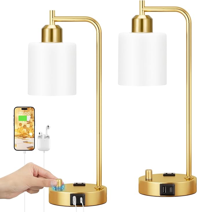 Innqoo Industrial Table Lamps for Bedroom Set of 2 - Fully Dimmable Bedside Lamps with USB Ports and Outlet, Gold Nightstand Lamps with Opal Glass Shade for Living Room, Desk Lamps for Office Reading