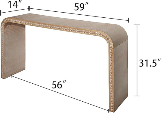 59" Wood Console Table with Wood Beads, for Entryway, Hallway, Living Room, Foyer, Corridor, Office, Modern Curved Waterfall-Style