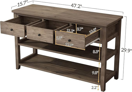 Karl home Console Table Entryway Desk, Sofa Side Table with 3 Drawers 2 Bottom Storage Shelves, Vintage TV Stand for Hallway Living Room Office, Wash Grey 29.9" H