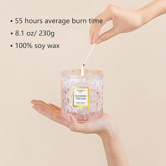 Chloefu LAN Rose Scented Candle, Oud Candle, Mothers Day Candles Gifts for Women, Pink Candles for Home Scented, 55 Hours Long Burning, 100% Natural Soy Wax