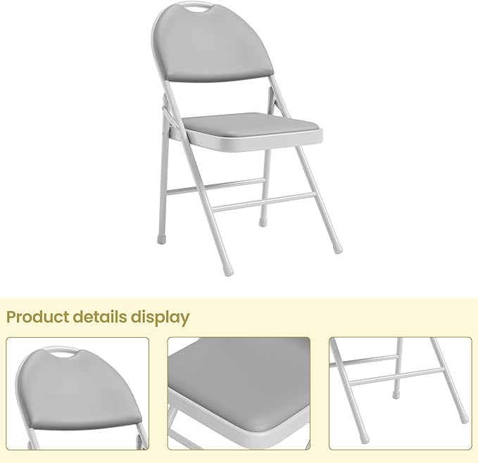 4 Pack Folding Chairs with PU Leather Padded Cushion, 350Lbs Capacity, Lightweight Ergonomic Design, Metal Frame, Indoor Outdoor Portable Stackable Seats for Home Office Party Events,Gray