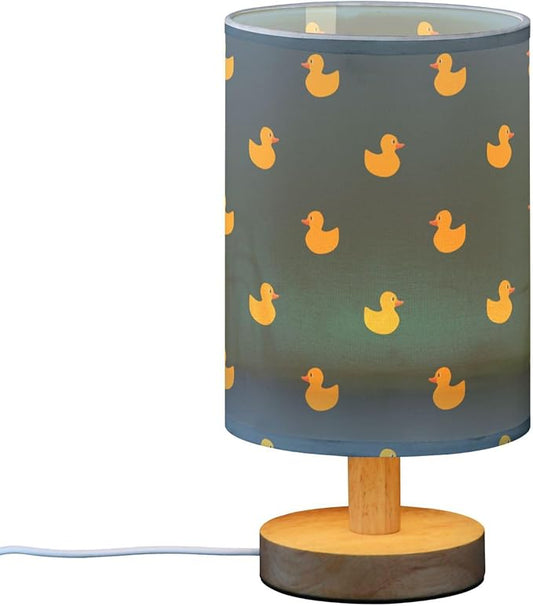 Table Lamp Yellow Duck Pattern on Dark Blue Nightstand Lamp with Wood Base Fabric Lamp Shade Bedside Desk Lamp for Living Room Bedroom Kids Room Office