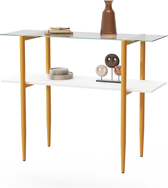 Glass Sofa Table, Mid-Century Modern Entryway Table with Tempered Glass & Golden Legs, 2-Tier Behind Couch Table for Living Room Hallway Entrance, White