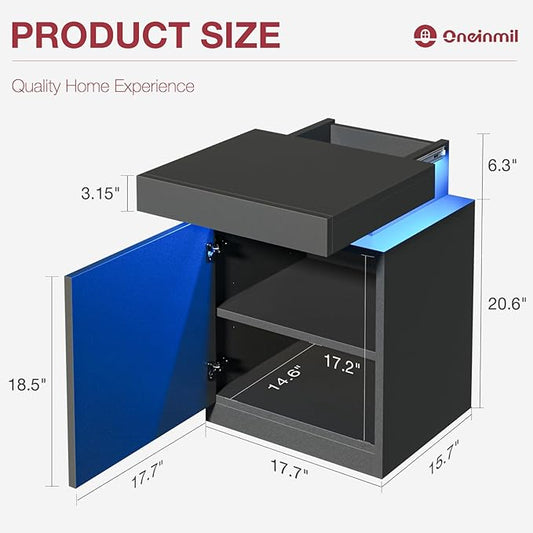 oneinmil Nightstand Set of 2, Night Stands with LED Lights, Charging Station and Sliding Top Storage, Modern Bedside Table of 2, End Side Table for Bedroom, Black