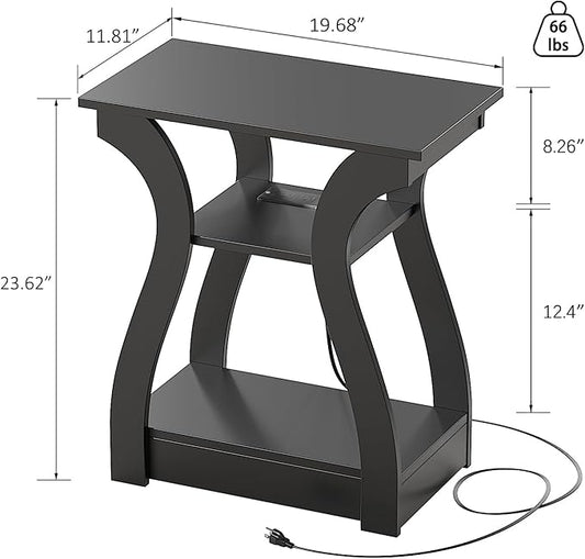 End Table with Charging Station, Side Table with USB Ports and Outlets, 3 Tier Nightstand Sofa Table for Small Spaces, Beside Table with Storage Shelf for Living Room, Bedroom
