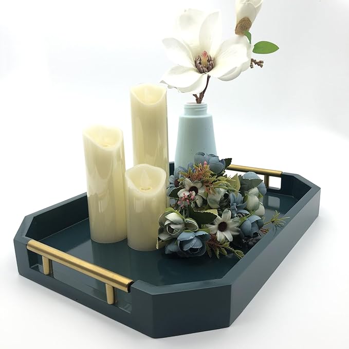 Serving Tray with Polished Metal Handles, Hexagon Coffee Table Tray, Modern Rectangle Decorative Tray, Large Ottoman Tray, Perfect for Storage and Display (Teal Rectangle)