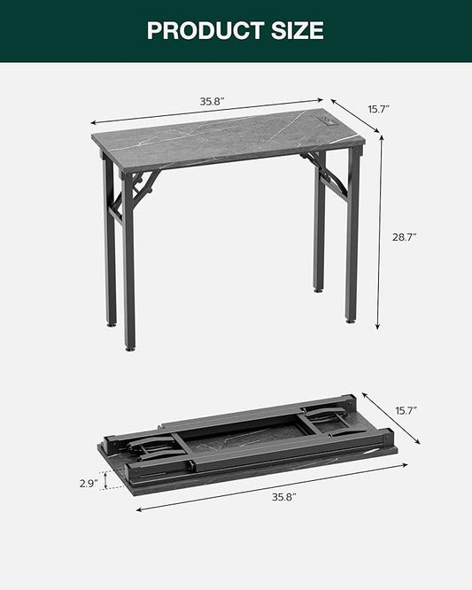 Frylr Small Folding Computer Desk – 35.8 Inch Portable Table for Craft and Study, Lightweight Desk for Small Spaces, Foldable Laptop Table Built-in AC/USB Outlets for Convenience, Marble Greige