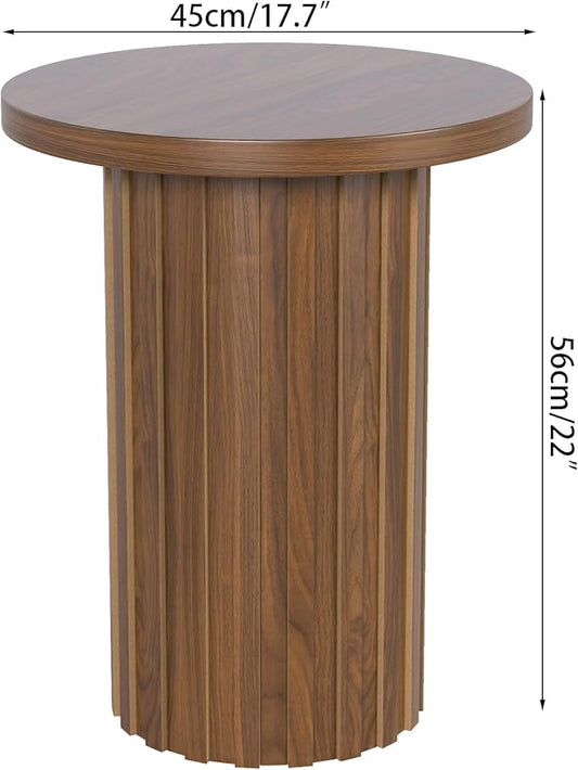 Farmhouse Pedestal End Table Round Side Table with Fluted Panel Rustic Drink Table for Small Space Living Room (Walnut)