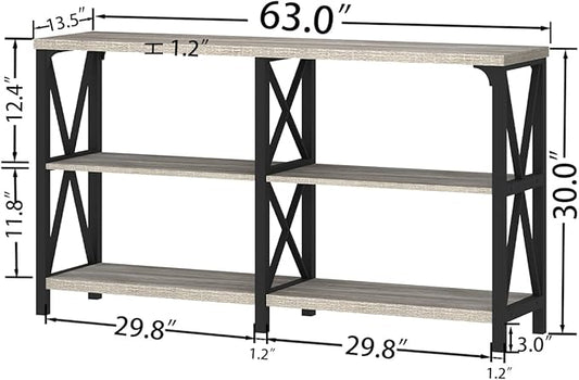 IBF Long Entryway Console Table, Industrial Metal Wood Entry Table with Storage Shelves, Modern Rustic 3 Tier Sofa Table for Entry Way Hallway Behind Couch Living Room Bedroom, Light Grey Oak, 63 Inch