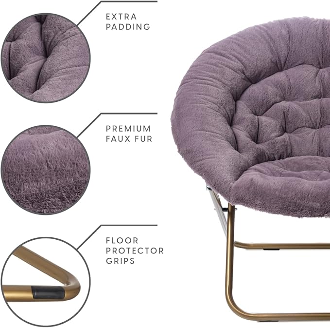 Milliard Saucer Chair For Adults, Teens & Kids, Purple, Faux Fur XL Circle Chair for Bedroom, Dorm & Gaming, Foldable Comfy Accent Seat for Small Spaces, Folding Moon / Mushroom / Round Style