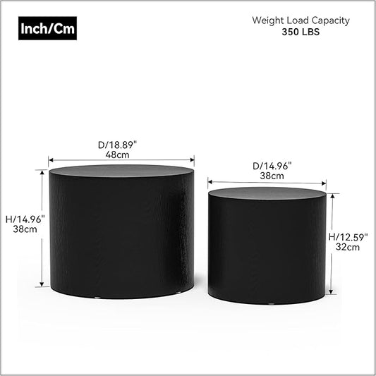 Nesting Coffee Table Set of 2, Modern Round Wooden Circle Accent Coffee Tables for Small Spaces Living Room Bedroom Balcony Office Drum Side Table