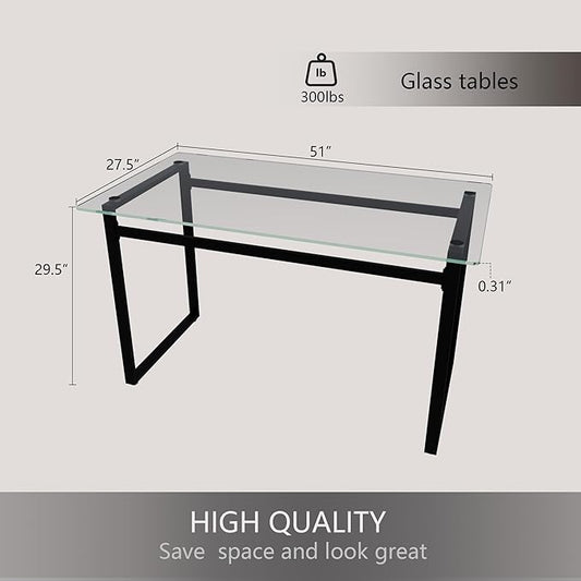 Glass Dining Table, 51'' Rectangle Dining Room Table,Modern Glass Kitchen Table with Tempered Glass Tabletop and Metal Leg,Dining Table for 4 Suitable Kitchen Dining Living Meeting Room(Black)