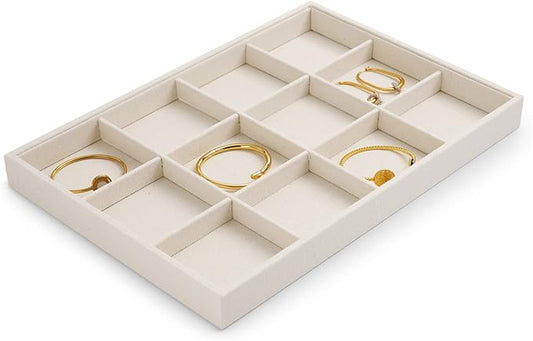 12 Grids Linen Jewelry Trays Bangl Earring Holder Tray Stackable Jewelry Organizer For Drawer (Beige)