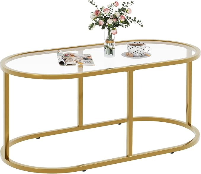 Coffee Table Gold Glass Coffee Tables for Living Room, Oval Table Center Table with Sturdy Metal Frame,Modern Tempered Glass Accent Tables for Bedroom Home Office