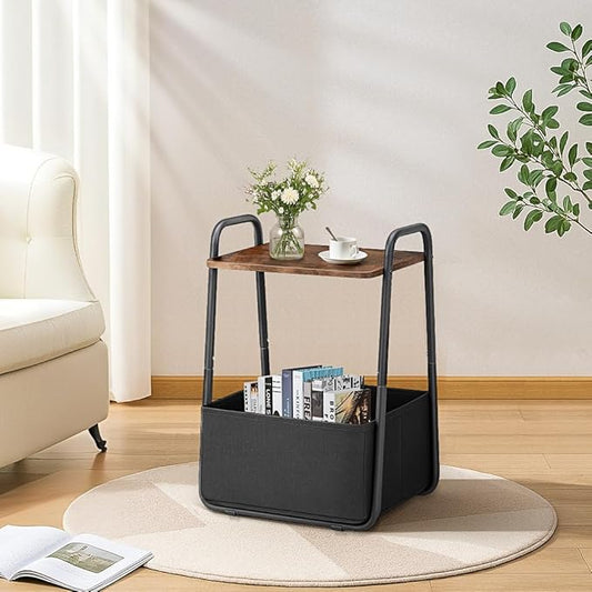 Rustic Brown Metal Frame Nightstand - Small Side Table with Fabric Storage Basket and Handle - Ideal for Bedroom & Living Room & Dorm