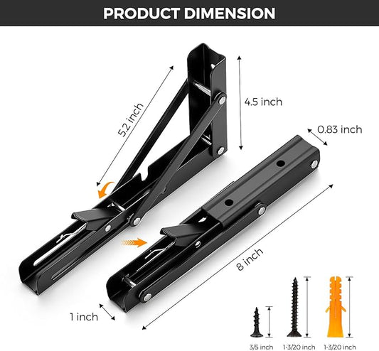 JOY DECOR 8 Inch Heavy Duty Folding Shelf Brackets, 4 Pack (2 Pairs) Collapsible Wall Mounted Brackets for Fold Down Table, Stainless Steel Folding Table Hinge, Matte Black