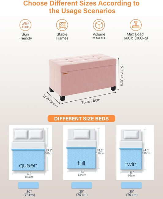 Foldable Storage Ottoman Bench, Velvet Footrest and Seat Cube with Feet, Storage Chest, for Living Room, Bedroom and Office, 15 x 30 x 15.7 Inches, Jelly Pink, ASND23P