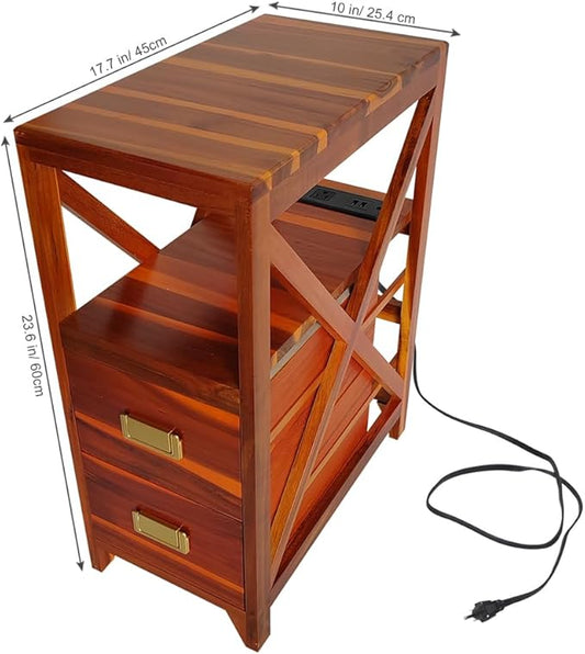 Fully Assembled Narrow Side Table with Charging Station, No Assembly Narrow Nightstand with USB Ports, Pre Assembled Skinny End Table with Outlets for Living Room, Bedroom-Golden Koa