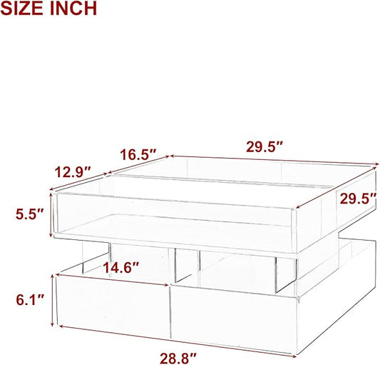 29.5" Lift Top Coffee Table with 2 Drawers and LED Lights, Modern Square High-Gloss Center Table Cocktail Tea Table with Glass Top and Hidden Space for Living Room Apartment Black