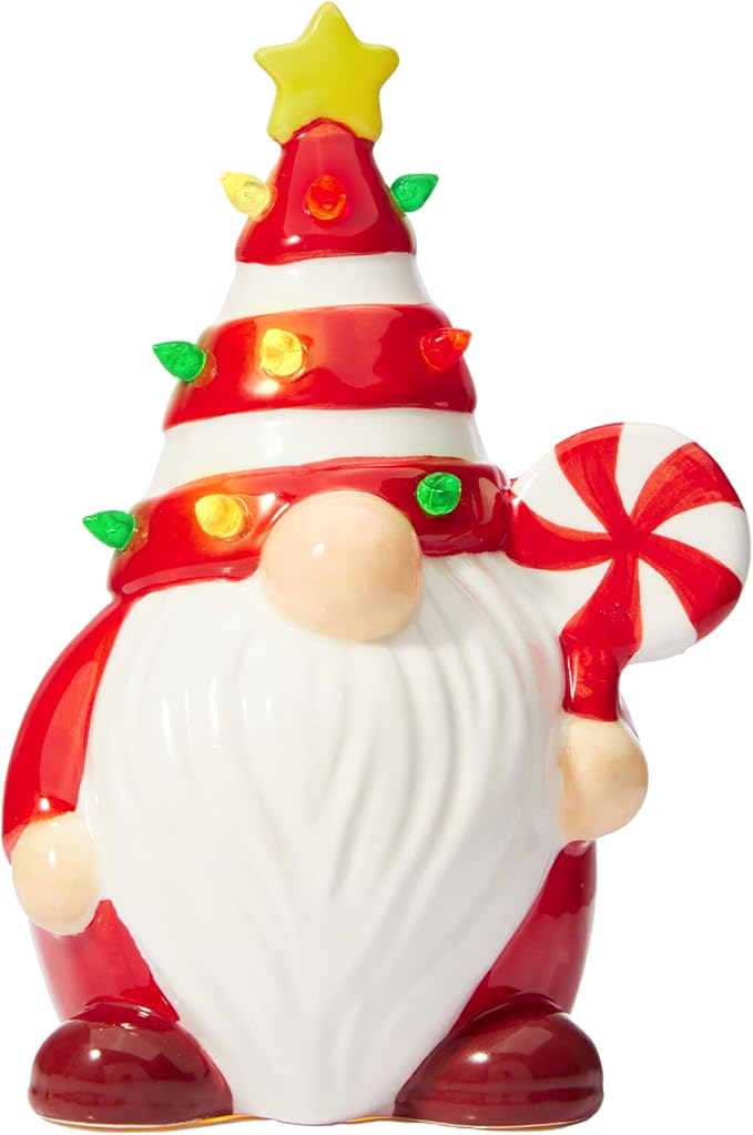 RM ROOMERS Lighted Christmas Gnome, 7.48" Candy Theme LED Elf Figurine with Multicolor Lights Pre-lit Ceramic Xmas Tree Decor for Table Centerpiece Mantel Home Indoor