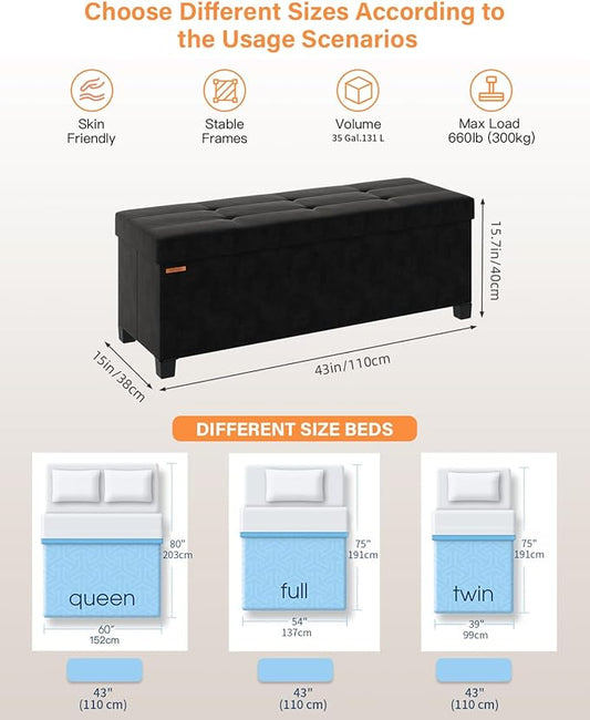 Foldable Storage Ottoman Bench, Velvet Footrest and Seat Cube with Feet, Storage Chest, for Living Room, Bedroom and Office, 15 x 43 x 15.7 Inches, Ink Black, UASND24B