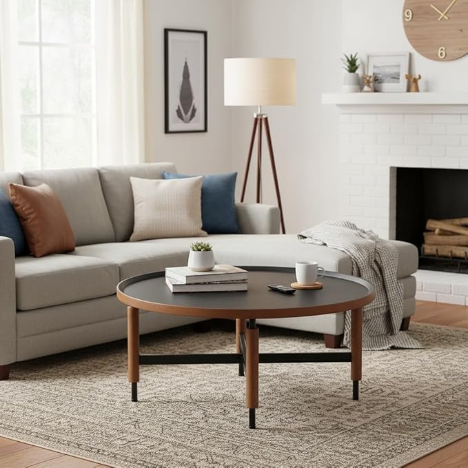 LukeAlon Modern Round Coffee Table Circle Wooden Table Top with Black Cross Legs Base, Rustic, Vintage, Living Room Easy Assembly, Black(31" D x 31" W x 13.5" H)