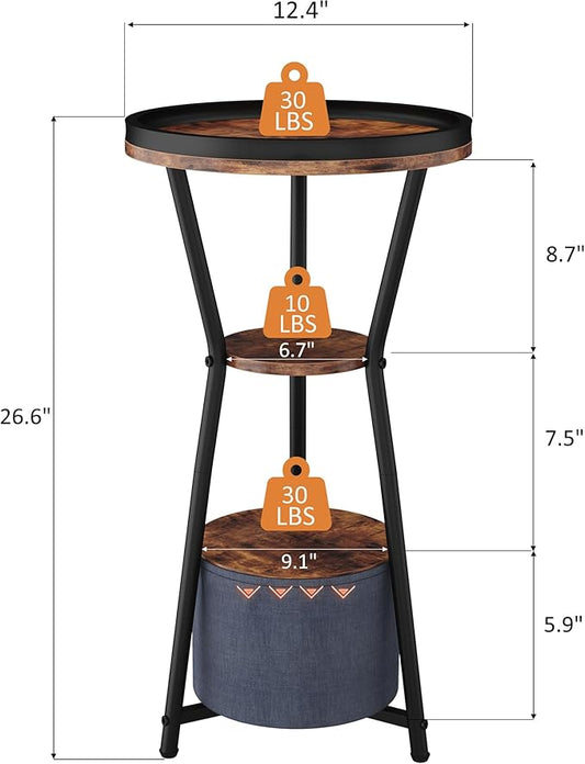 Yusong Round Side Table, Small Drink Table for Small Spaces, 3-Tier Industrial End Table, Accent Nightstand Bedside Table for Living Room, Bedroom, Sofa Couch, Rustic Brown