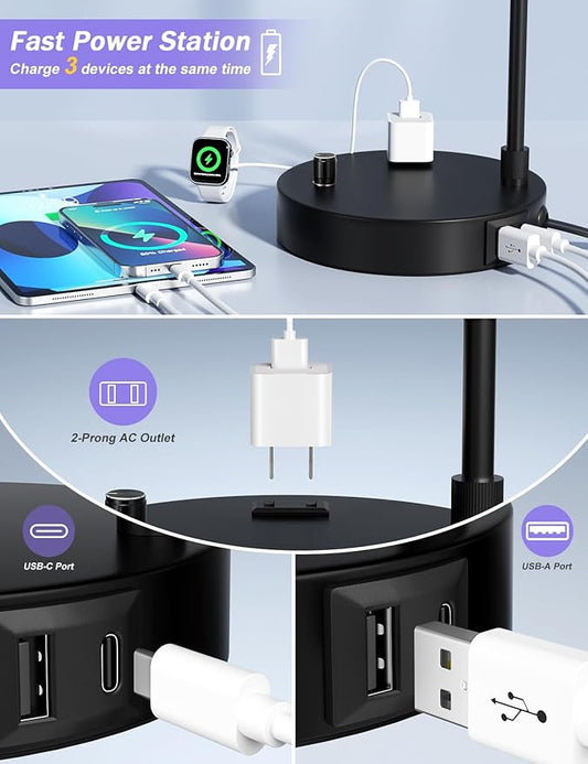 White Side Table Lamp with USB Port and Outlet, Dimmable Nightstand Bedside Lamps with Linen Lampshade, Desk Lamp for Bedroom, Living Room, Guest Room, Home Office, LED Bulb Included