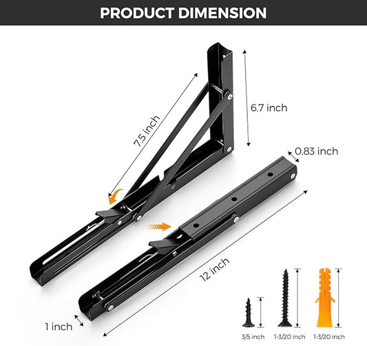 JOY DECOR 12 Inch Heavy Duty Folding Shelf Brackets, 2 Pack (1 Pair) Collapsible Wall Mounted Brackets for Fold Down Table, Stainless Steel Folding Table Hinge, Matte Black