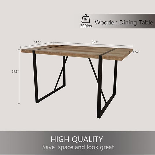 Modern Wooden Dining Table, 55'' Wooden Rectangle Table, Kitchen & Dining Room Table, Modern Kitchen Dining Table with Black Metal Legs for Living Room & Dining Room(Natural Wood, 55 in)