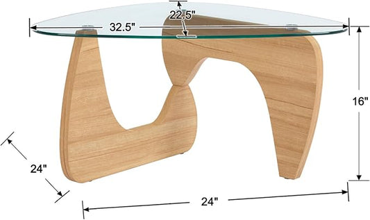 Small Glass Coffee Table, 32.5" Triangle Center Table with Wood Base Abstract Contemporary Coffee Table for Living Room Office Patio, Natural