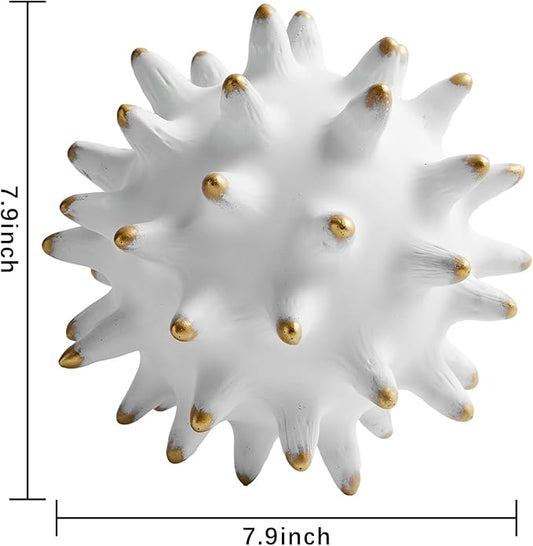 8” White Decorative Balls Sphere Statue for Modern Home Accent Decor Coffee Table Bookshelf Beach Office Living Room, Sea Urchin Spike Ball Decoration, Abstract Sculpture Centerpiece (Resin/Gold Tips)