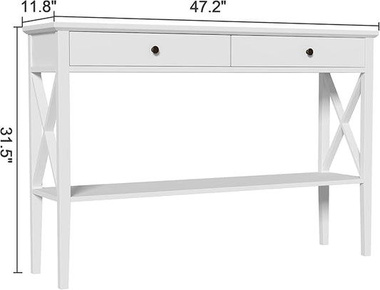 ChooChoo 47" Console Table with Drawers, Narrow Wood Accent Sofa Table Entryway Table with Storage Shelf for Entryway, Front Hall, Hallway, Living Room, White