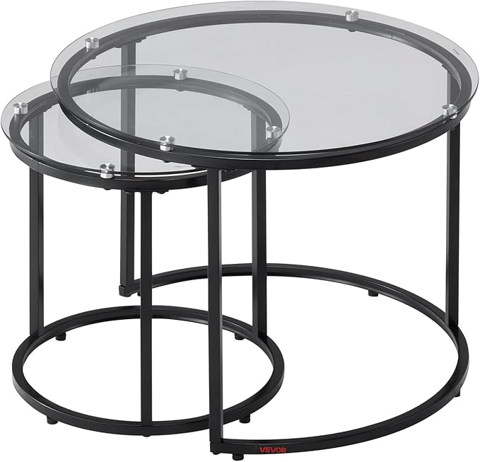 VEVOR Nesting Tables, Glass Coffee Table Set of 2, 23.6 inch Round Coffee Table, Small Coffee Tables Night Stand with Metal Frame, for Living Room, Bedroom, Office