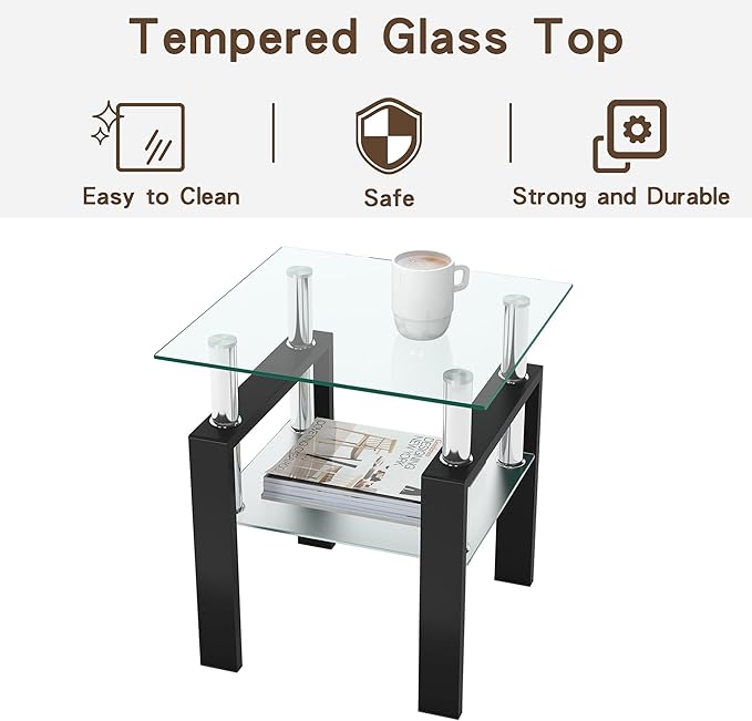 Glass Side Table 2-Tier Modern Glass Top Corner Table Living Room Side Table with Metal Leg for Living Room, Dining Room, Bedroom (2, Clear)