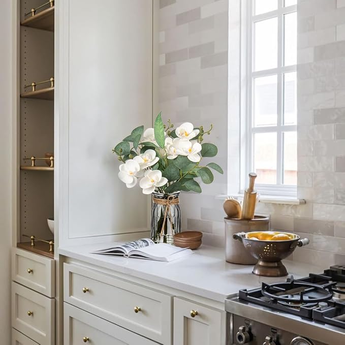 White Orchids Artificial Flowers with Vase Fake Flower in Vase Artificial Eucalyptus Stems in Glass Vases with Faux Water Faux Orchid with Eucalyptus Leaves Arrangement for Dining Table Centerpiece