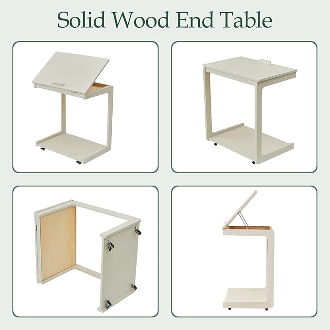 C Shaped Rolling End Table with Wheels - Solid Wood Side Table for Couch, Wooden Modern Tv Tray Bedside Tables for Sofa Armchair Living Room Bedroom, White, 15.4 in x 23.6 in x 24.8 in