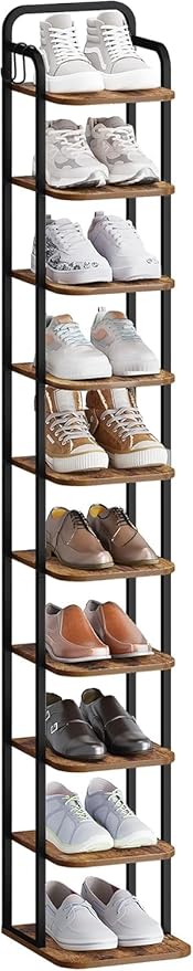 10 Tiers Vertical Shoe Rack, Narrow Shoe Tower, Tall Shoes Shelf with 2 Hooks, Adjustable Shelves, Corner Shoes Shelves for Small Spaces, Entryway, Living Room, Rustic Brown SR11201B