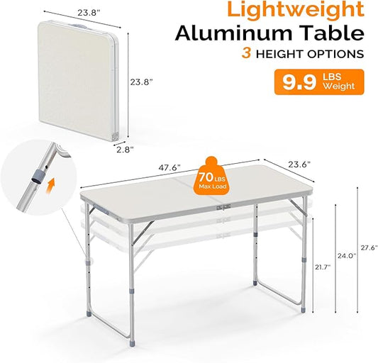 VINGLI 4FT White Folding Table with Carrying Handle Height Adjustable Lightweight Fold Up Portable for Indoor Outdoor Picnic,Camping,Hiking,Fishing,BBQ …