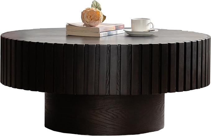31.5" Round Drum Coffee Table, Modern Handcraft Fluted Drum Center Table, Wooden Round Coffee Table Center Table with Sturdy Pedestal for Living Room Apartment (Walnut+Black)