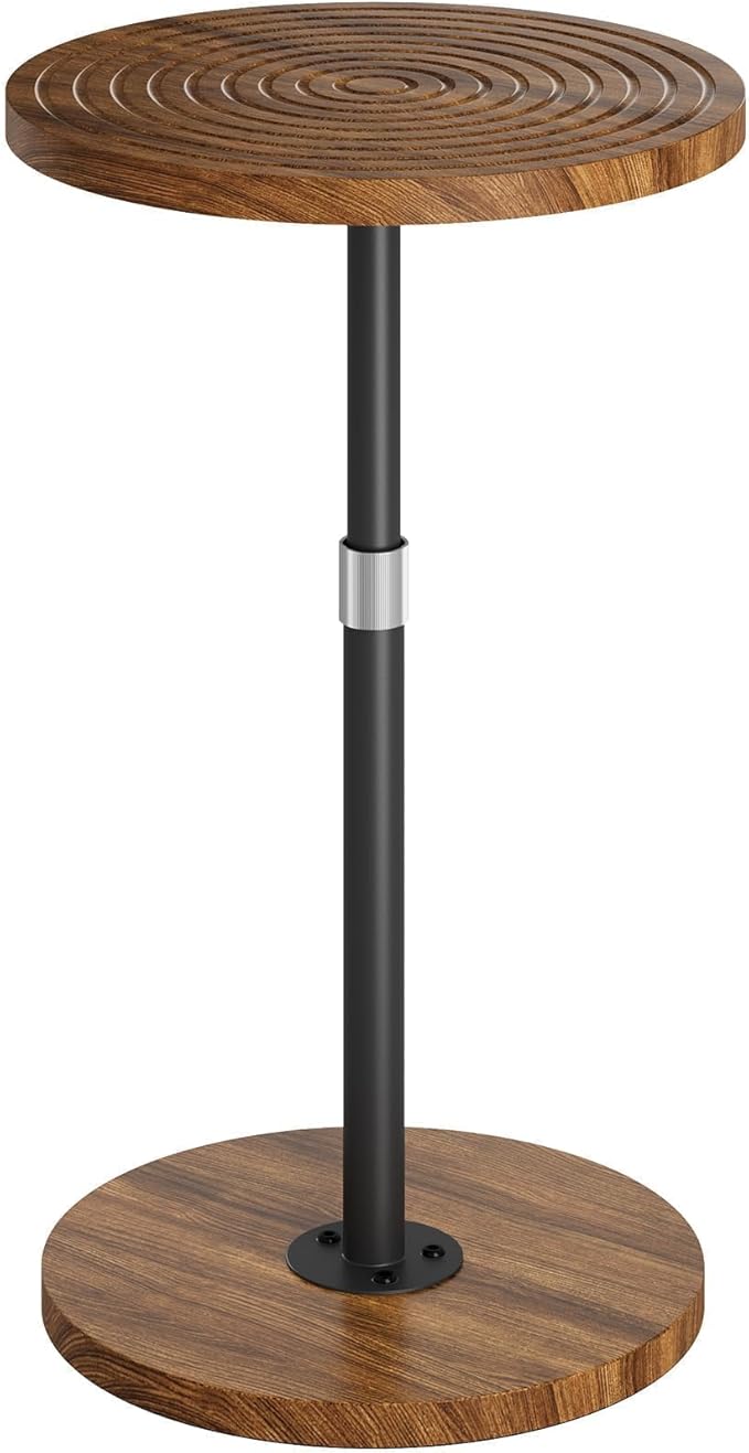 Round Side Table, Adjustable-Height Small Drink Table, Pedestal Martini Stand, Weighted Base Cocktail Table Accent Nightstand for Living Room, Bedroom, Bathroom, Office, Walnut