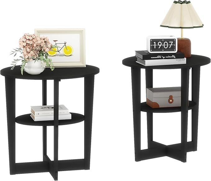 Living Room End Table Set of 2, Small Coffee Table, Wooden Side Tables with 2-Tier Open Storage for Small Spaces, Apartment Home Office, Black