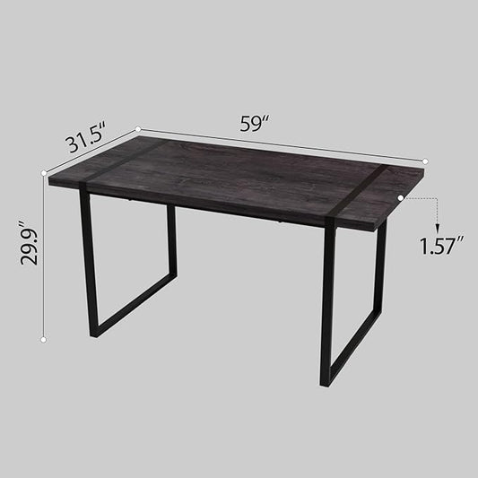 Modern Wooden Dining Table, 59'' Wooden Rectangle Table, Dining Room Table for 4-6, Modern Kitchen Dining Table with Black Metal Legs for Living Dining Kitchen Room(Black Wood)