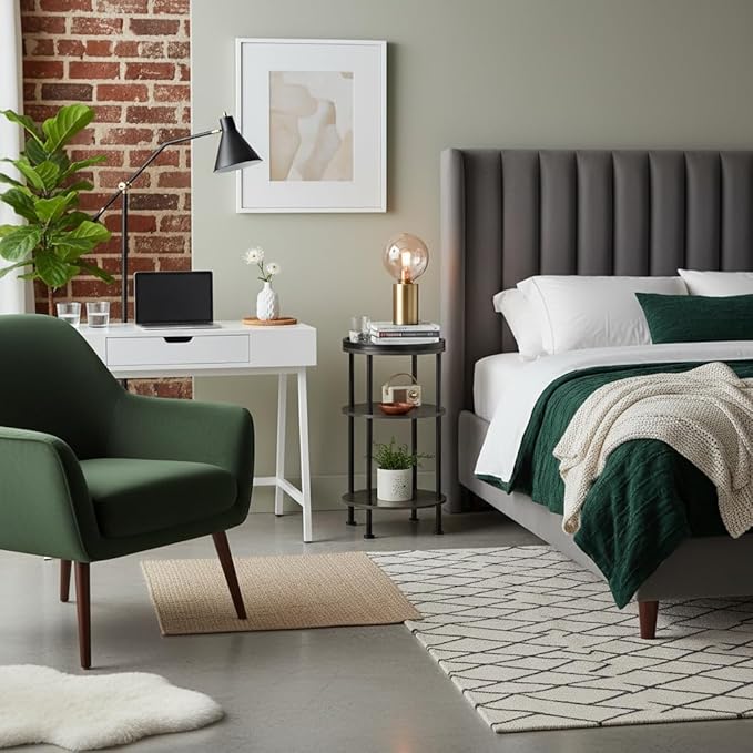 Small Round Side Table, Rustic Grey End Table with Tray Top, 3-Tier Greige Nightstand for Living Room & Bedroom, 11.8" Narrow Corner Table, 21.7" H Industrial Accent Furniture for Small Spaces, Grey