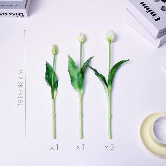 16-inch Premium Real Touch Fake Tulips, Artificial Flowers with Buds, Flexible Stem Easy to Shape, Faux Tulips (Vase not Included), 5-Pack Set of Peppermint White