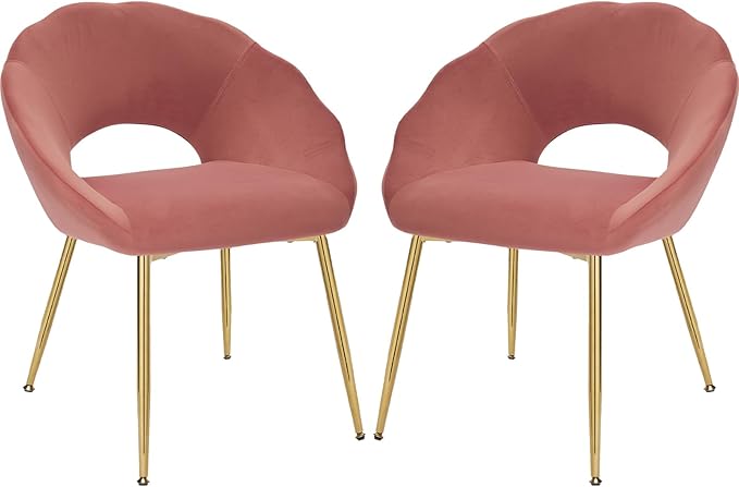 Modern Small Accent Chair Set of 2, Comfy Velvet Vanity Chair with Shell Back & Golden Metal Legs, Decorative Chair no Wheels for Living Room, Makeup Room, Bedroom, Pink