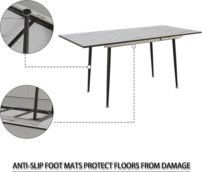 Marble Dining Table for 4-6, 47''-63'' Extendable Dining Table, Modern Kitchen Table, Space Saving Rectangular Table for Office and Dining Room (White)